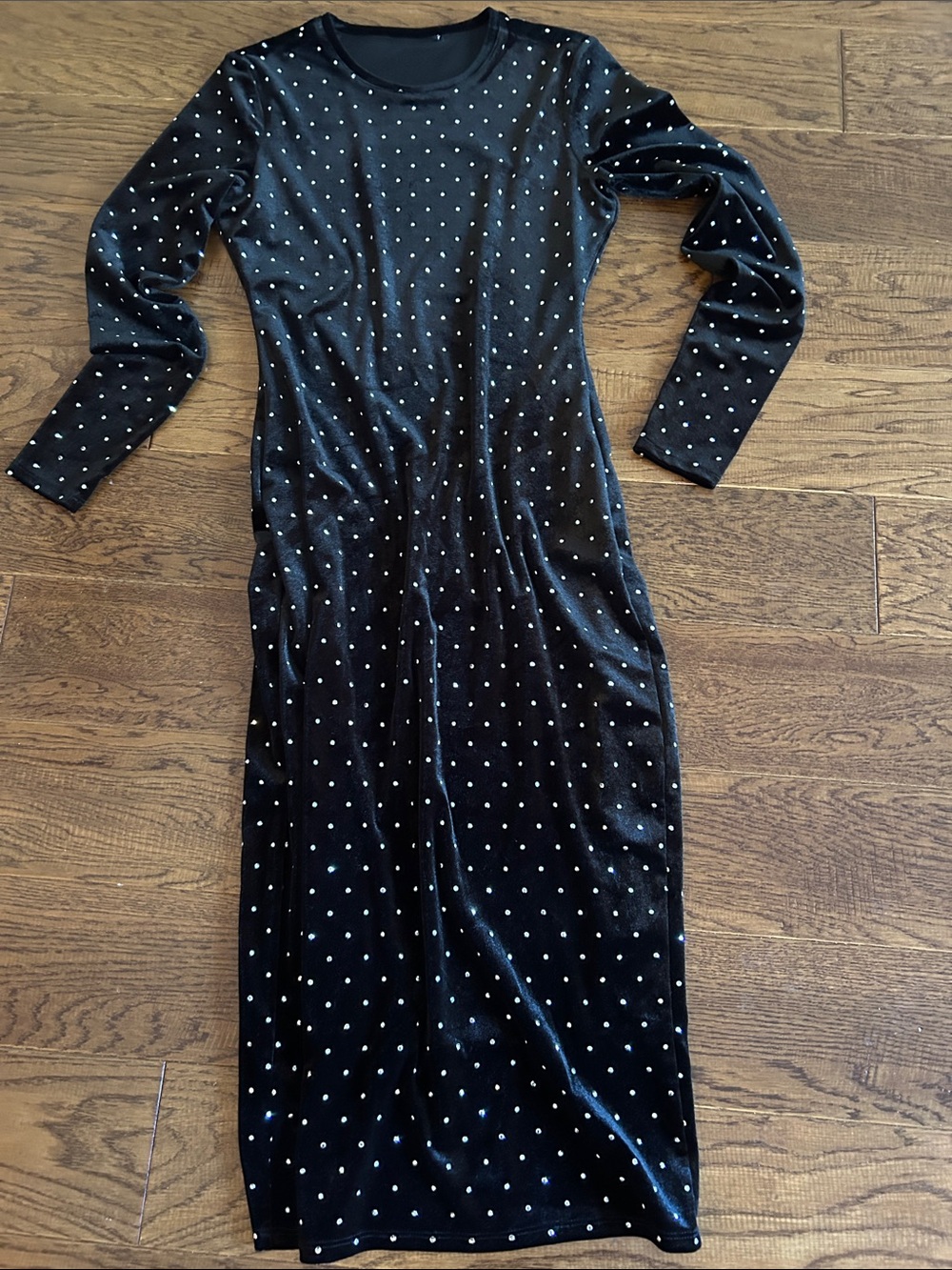 Black Velvet Rhinestone Studded Midi Dress